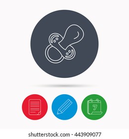 Pacifier icon. Nipple or dummy sign. Newborn child relax equipment symbol. Calendar, pencil or edit and document file signs. Vector