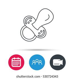 Pacifier icon. Nipple or dummy sign. Newborn child relax equipment symbol. Group of people, video cam and calendar icons. Vector