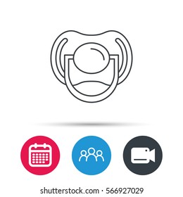Pacifier icon. Nipple or dummy sign. Newborn child relax equipment symbol. Group of people, video cam and calendar icons. Vector