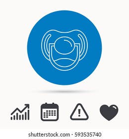 Pacifier icon. Nipple or dummy sign. Newborn child relax equipment symbol. Calendar, attention sign and growth chart. Button with web icon. Vector