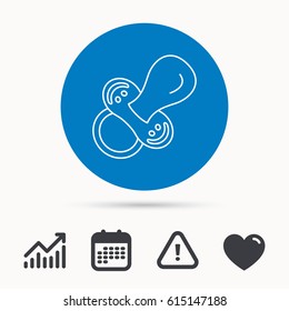 Pacifier icon. Nipple or dummy sign. Newborn child relax equipment symbol. Calendar, attention sign and growth chart. Button with web icon. Vector