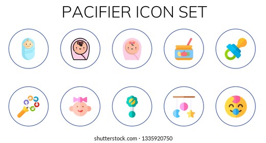 pacifier icon set. 10 flat pacifier icons.  Collection Of - baby boy, rattle, baby, baby girl, crib toy