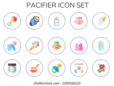 pacifier icon set. 15 flat pacifier icons.  Simple modern icons about  - rattle, baby, feeding bottle, baby girl, bib, baby bottle, boy, food, crib toy, affection