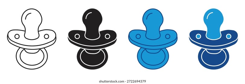  Ícone de Pacificador definido. Ícone chupeta infantil menino e menina. Símbolo da criança. Manequim de bebê, chupeta ou tirante, isolado em fundo branco. Ilustração vetorial.