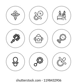 Pacifier icon set. collection of 9 outline pacifier icons with baby bottle, birth, dummy, pacifier icons. editable icons.
