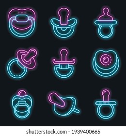 Pacifier icons set. Outline set of pacifier vector icons neon color on black