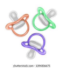 Pacifier isolated on white background. Set pacifiers, orange, green and purple. Realistic icon, Vector EPS 10 illustration