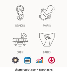 Pacifier, newborn and diapers icons. Cradle bed linear sign. Calendar, Graph chart and Cogwheel signs. Download colored web icon. Vector