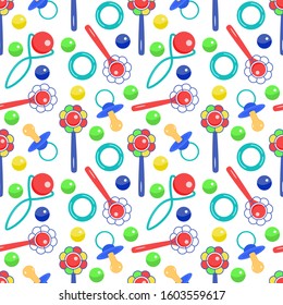 Pacifier, rattle, dental ring isolated flat image. Seamless vector pattern on a white background for children's design, fabric, packaging, decoration. Children's vector seamless pattern
