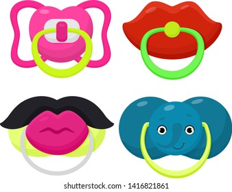 Pacifier vector baby soother child nipple and kids rubber nipple illustration set of cartoon comforter to pacify newborn children isolated on white background