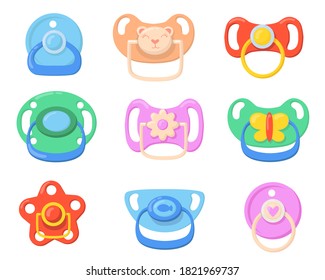 Pacificadores para bebés. Plástico colorido para niños pequeños con mariposa, oso, mangos con forma de flor. Ilustraciones vectoriales para la infancia, la paternidad, el concepto de cuidado de los bebés