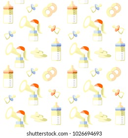 ?hildren's pacifiers, bottles with teat, breast pump, nipple shields, nipple formers, breast pads on a white background. Seamless pattern in swatch panel. watercolor effect