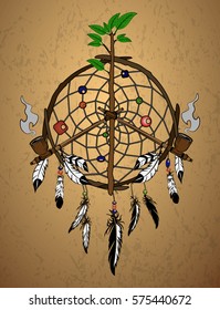 Pacifik sign of Dreamcatcher, pipes of peace, branch, vector illustration