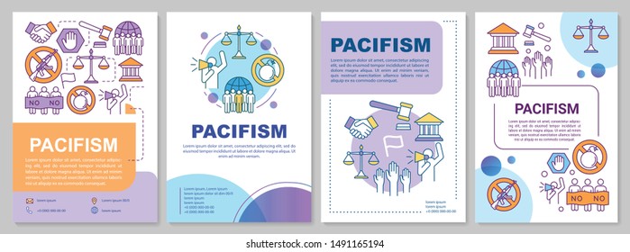 Pacifism brochure template layout. Anti war flyer, booklet, leaflet print design with linear illustrations. Nonviolent resistance vector page layouts for magazines, annual reports, advertising posters