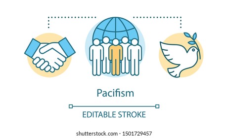 Pacifism concept icon. Nonviolent resistance, militarism opposition idea thin line illustration. White dove with olive branch, handshake and protesters vector isolated outline drawing. Editable stroke