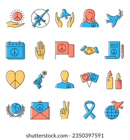 Pacifism icon set in colored line style. Peace and love symbols. Vector illustration.