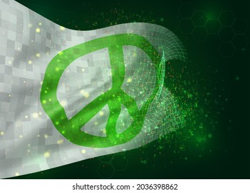pacifism, on vector 3d flag on green background with polygons and data numbers