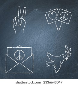 Pacifism and peace chalkboard icon set. Dove of peace, V gesture symbols. Vector illustration.