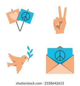 Pacifism and peace flat icon set. Dove of peace, V gesture symbols. Vector illustration.
