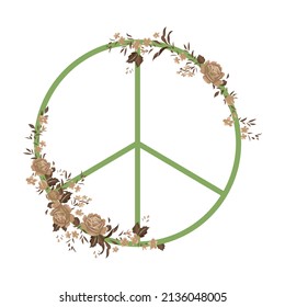 Pacifism and peace symbol on white background Vintage flowers Retro