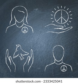 Pacifism and peace symbols chalkboard icon set. Vector illustration.