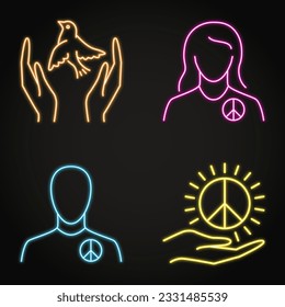 Pacifism and peace symbols neon icon set. Vector illustration.