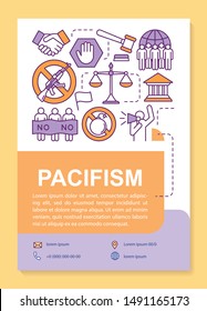 Pacifism poster template layout. Peaceful demonstration banner, booklet, leaflet print design with linear icons. Nonviolent resistance vector brochure page layouts for magazines, advertising flyers