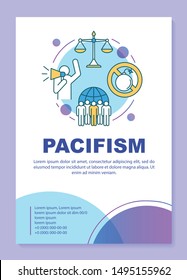 Pacifism poster template layout. Peaceful protest banner, booklet, leaflet print design with linear icons. Militarism opposition vector brochure page layouts for magazines, advertising flyers