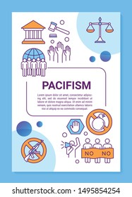 Pacifism poster template layout. Peaceful public demonstration banner, booklet, leaflet print design with linear icons. Anti militarism vector brochure page layouts for magazines, advertising flyers