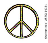 Pacifism symbol or pacific international icon 60s, 70s. Peace sign isolated on white in cartoon flat style. No war, antiwar, stop war, nuclear disarmament. Vector hand drawn sticker dove