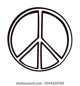 Pacifism symbol or pacific international icon 60s, 70s. Peace sign outline on white in cartoon flat style. No war, antiwar, stop war, nuclear disarmament. Vector hand drawn sticker dove's foot or paw