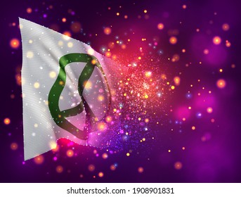 Pazifismus, Vektor-3D-Flagge auf rosafarbenem violettem Hintergrund mit Beleuchtung und Aromen