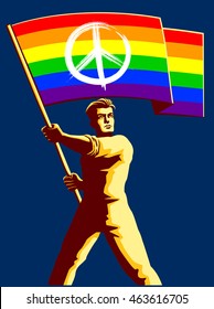 Pacifist activist man holding rainbow flag with peace sign standing against war and violence vector illustration