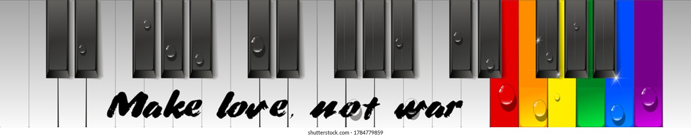 pacifist inscription, drops of transparent liquid on white-black piano keys, among which there are keys of LGBT colors. beautiful thematic banner about tolerance. vector