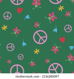 Pacifist Peace sign, butterfly and flowers on dark green background. Seamless, repeated pattern.