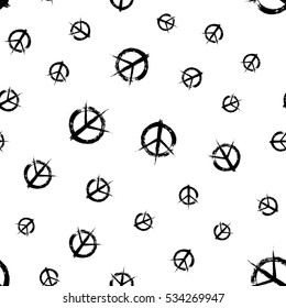 Pacifist peace symbols pattern. Seamless hand drawn background. Grunge brush strokes design elements. Black white hippie signs. Irregular chaotic order. Unusual vector illustration.