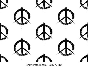 Pacifist peace symbols pattern. Seamless hand drawn background. Grunge brush strokes design elements. Black white hippie signs. Regular repetition. Unusual vector illustration.