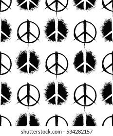 Pacifist peace symbols pattern. Seamless hand drawn background. Grunge brush strokes design elements. Black white hippie signs. Regular repetition. Unusual vector illustration. Negative space.