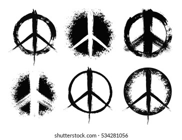 Pacifist peace symbols set. Hand drawn signs. Grunge brush strokes design elements. Black white hippie signs. Irregular chaotic order. Unusual vector illustration.