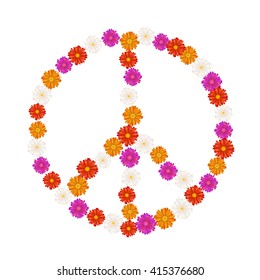 Pacifist sign made up from colourful gerbera flowers, isolated on white