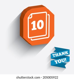 In pack 10 sheets sign icon. 10 papers symbol. White icon on orange 3D piece of wall. Carved in stone with long flat shadow. Vector
