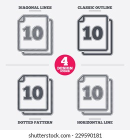 In pack 10 sheets sign icon. 10 papers symbol. Diagonal and horizontal lines, classic outline, dotted texture. Pattern design icons.  Vector