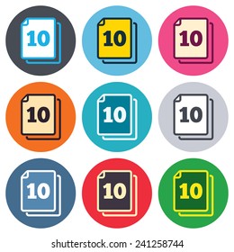 In pack 10 sheets sign icon. 10 papers symbol. Colored round buttons. Flat design circle icons set. Vector