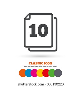 In pack 10 sheets sign icon. 10 papers symbol. Classic flat icon. Colored circles. Vector