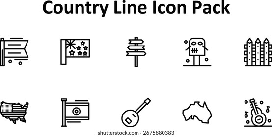 Ein Paket mit 10 Symbolen im Stil der dünnen Linie, die sich mit dem Thema Country befassen. Geeignet für Websites, Apps und digitale Projekte.