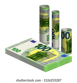 A pack of 100 Euro banknotes and 3D rolled up bills