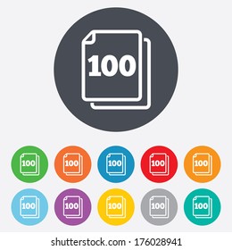 In pack 100 sheets sign icon. 100 papers symbol. Round colourful 11 buttons. Vector