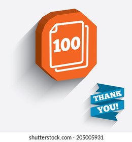 In pack 100 sheets sign icon. 100 papers symbol. White icon on orange 3D piece of wall. Carved in stone with long flat shadow. Vector