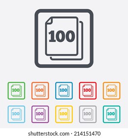 In pack 100 sheets sign icon. 100 papers symbol. Round squares buttons with frame. Vector