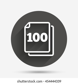 In pack 100 sheets sign icon. 100 papers symbol. Circle flat button with shadow. Vector